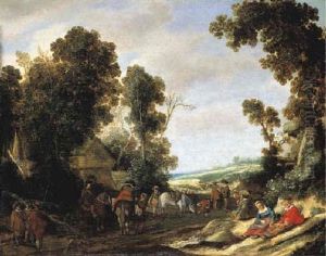 A Wooded Landscape With Cavaliers On A Road, A Cottage Beyond
