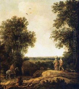 A Wooded Landscape With Horse Drawn Carriages And Travellers by Pieter De Molijn