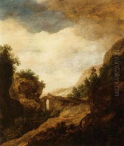 A Mountainous Wooded Landscape With Travellers On A Bridge by Pieter De Molijn