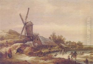 A Winter Landscape With Skaters On A Frozen River By A Small Village With A Windmill