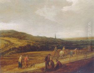Travellers In The Dunes, A Town In The Distance by Pieter De Molijn