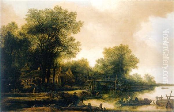 A Hamlet In A Wood By A River With Fishermen In A Rowing Boat By A Footbridge - view 1