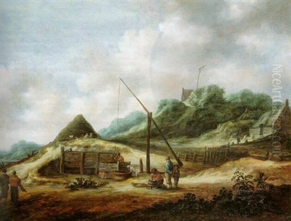 A Fisherman's Family At Work By A Well In The Dunes - view 1