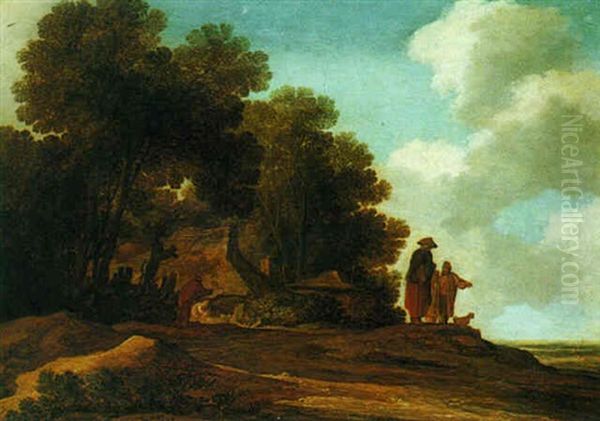 Wooded Landscape With Figures Conversing Beside A Cottage - view 1