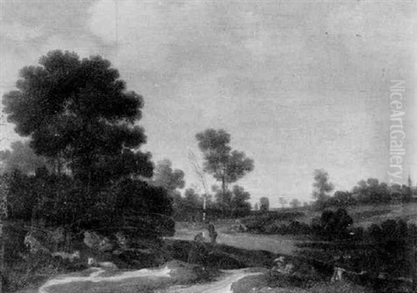 Shepherds, Sheep And Goats In A Wooded Landscape, A Horse-drawn Wagon In The Distance - view 1