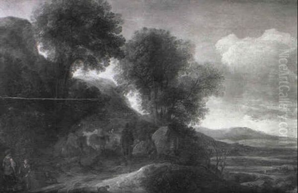 Travellers On A Mountain Track, An Extensive River Landscape Beyond - view 1