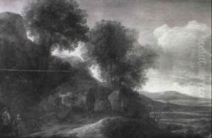 Travellers On A Mountain Track, An Extensive River Landscape Beyond by Pieter De Molijn