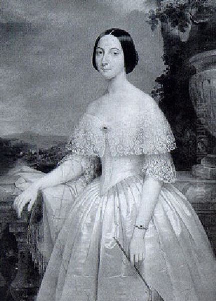 Portrait Einer Dame In Weisem Spitzenbesetztem Kleid Vor Einer Weiten Landschaft - view 1