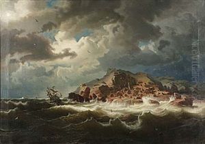Skutor Pa Stormande Hav Vid Klippig Kust (after Marcus Larsson) by Johann Peter Molin