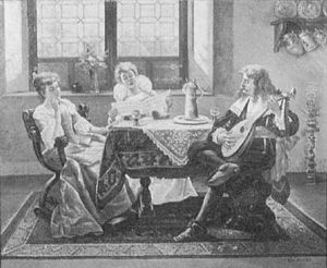 Interior Genre Scene, Figures Sitting At Table, Gentleman Playing Mandolin, Women Singing by Josef Johann Molitor von Muehlfeld