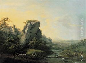 Arkadische Landschaft Mit Flusslauf Und Katarakt Und Ruhender Herde Im Schatten