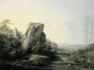 Arkadische Landschaft Mit Flusslauf Und Katarakt. Ruhende Herde Mit Einem Hirten Im Schatten by Martin von Molitor