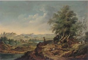 An Extensive River Landscape With A Large Tree, A Shepherd, Two Cows And Goats In The Foreground, A Village In The Background by Martin von Molitor