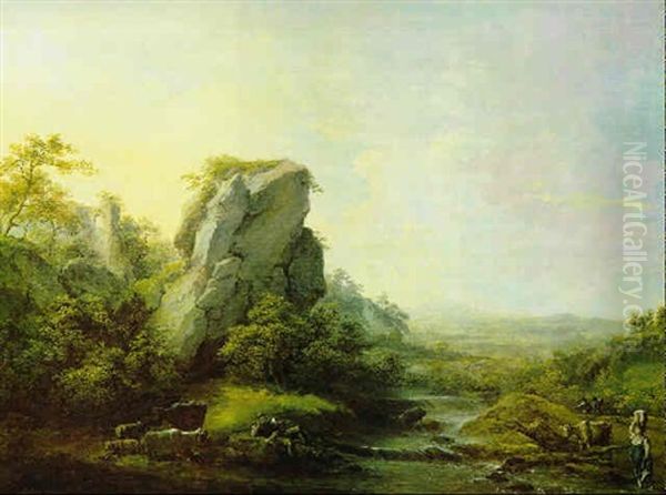 Ideale Flusslandschaft Mit Hirten Und Herde - view 1