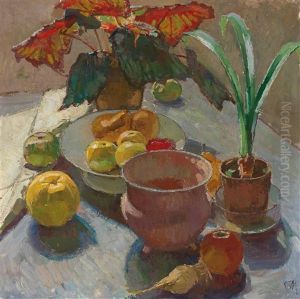 Still Life With Pots Of Flowers And Apples by Carl Moll