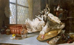 Stilleben Mit Geflugel, Messingschussel Und Kupferkessel