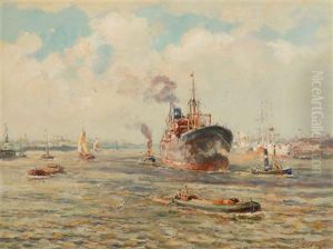 Cargo Vessel With Tug Boat In The Harbour Of Rotterdam by Evert Moll