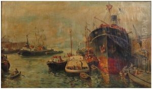 Busy Harbor Scene With Ship At Dock by Evert Moll