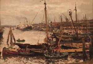 A View Of A Busy Harbor by Evert Moll
