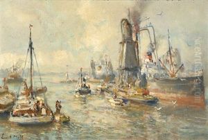 Activity In The Rotterdam Harbour (+ Ships On The River Maas In Rotterdam, Smllr; 2 Works) by Evert Moll