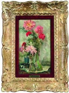 Blumenstilleben Mit Dahlien Und Nelken In Zwei Glasvasen Auf Einem Tisch by Evert Moll