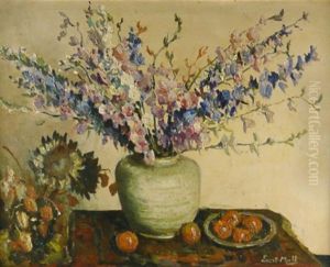 Bluhende Zweige In Einer Bauchigen Vase, Auf Dem Tisch Eine Schale Mit Apfeln by Evert Moll