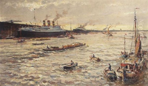 A Harbour Scene With Steam Ships In The Background - view 1