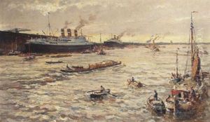 A Harbour Scene With Steam Ships In The Background