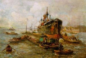 Im Hafen - Kleinere Hafenschiffe Nehmen Die Fracht Eines Ozeandampfers Auf