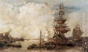 Driemasters In Een Haven by Evert Moll