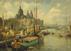 Moored Sailing Barges In Amsterdam With The St. Nikolaaskerk And The Schreierstoren Beyond