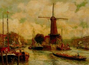 The Harbour Of Delfshaven With The Windmill De Distilleerketel