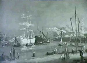 A White Three Master In A Busy Harbour by Evert Moll