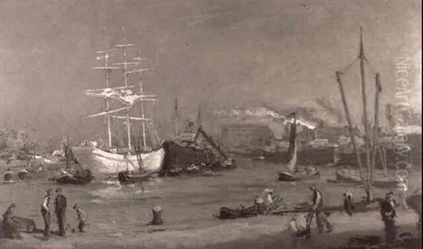 A White Three Master In A Busy Dutch Harbor - view 1
