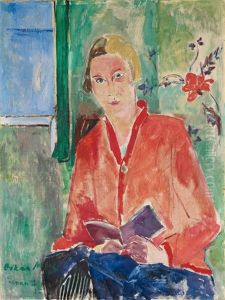 Lesende Mit Roter Jacke (bildnis Ursula Waetzoldt) by Oskar Moll