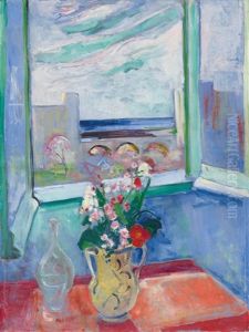 Levanto I, Blumenstraus Am Fenster Mit Brucke by Oskar Moll