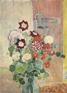 Blumenstrauss Mit Dahlien, Kresse Und Weissem Stuhl by Oskar Moll