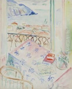 Balkonzimmer Mit Blick Auf Positano (il Popolo, Rote Bucher Und Blumenvase Auf Ornamentierter Tischdecke)