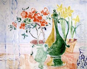 Blumenstilleben Mit Kanne Und Gepunktetem Krug by Oskar Moll
