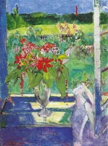 Blumenstraus Mit Fensterausblick Auf Garten, Feld Und Roten Schornstein