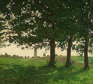 Drei Baume Mit Blick Auf Den Kirchturm Von Grafrath by Oskar Moll
