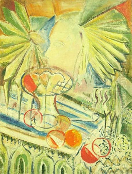 Stilleben Mit Fruchteschale, Orangen Und Palmenblattern - view 1