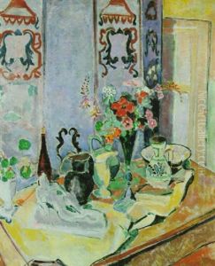Stilleben Mit Matisse-plastik, Blumenvasen Und Wandschirm