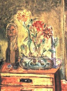 Stilleben Mit Einer Vase Von Blumen, Kerzenhalter Und Statuette