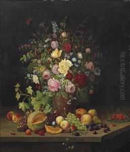 An Abundant Still Life Of Flowers And Fruits by Christian Juel Moellback