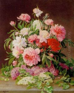 Silkepaeoner I En Vase, Ved Vasens Fod Grene Af Lilla Og Hvide Syrener by Christian Juel Moellback