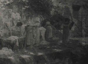 Women Washing On A Sunlit Terrace by Carl Henrik Koch Moller