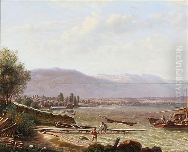 Mountainous Coastal Scene With A Boat Being Loaded With Goods - view 1
