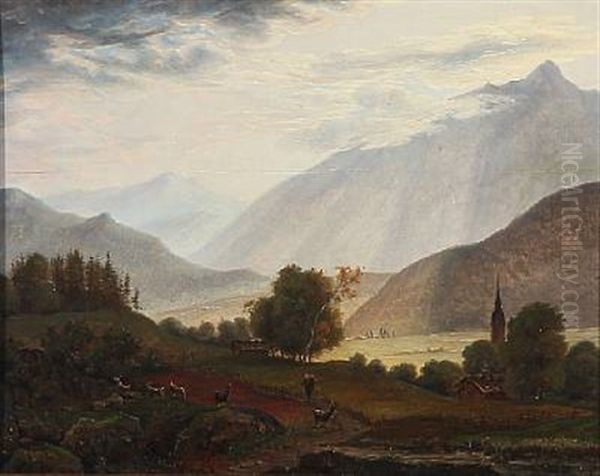 Mountain Landscape From Switzerland. The Sun Breaks Through The Clouds - view 1