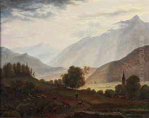 Mountain Landscape From Switzerland. The Sun Breaks Through The Clouds by Jens Peter (I.P.) Moeller